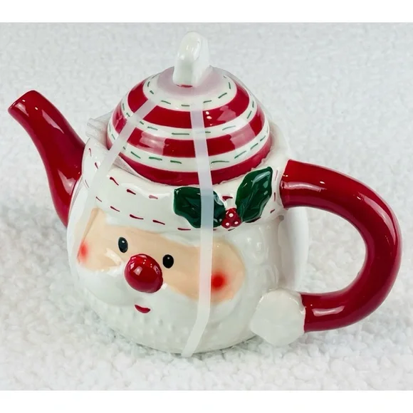 (NWT) HOLLY & MOSS • Red/White Christmas Holiday Santa Claus Teapot - Picture 3 of 12